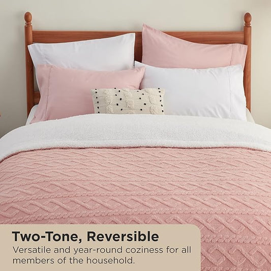 Bedsure Sherpa Queen Size Blanket for Bed - Fleece Soft Cozy Fuzzy Cable Blankets for Women, Thick Warm for Winter and All Seasons, Pink, 90x90 Inches