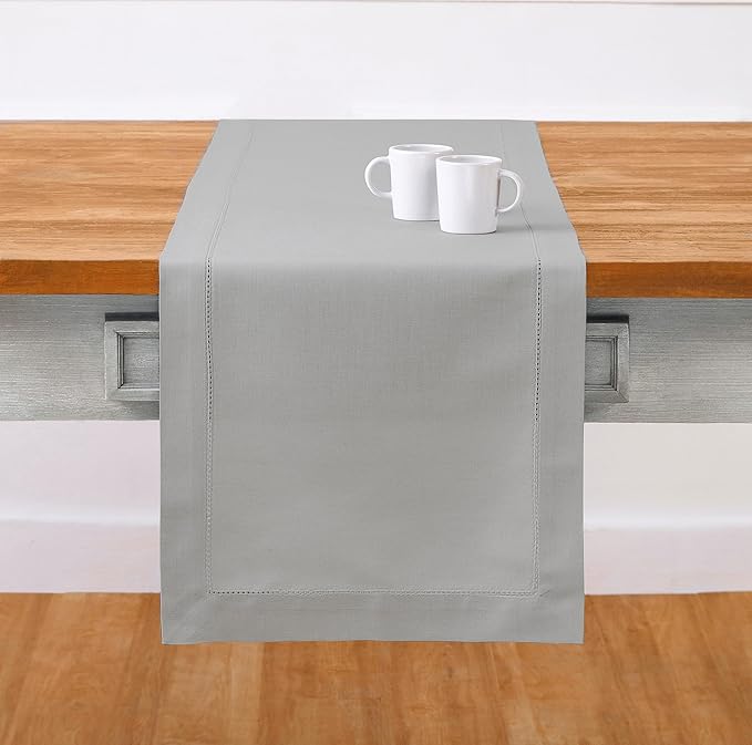 Solino Home Light Grey Table Runner 60 Inches - Cotton Linen Hemstitch Coffee Table Runner 14 x 60 Inch Ideal for Dresser Tables - Summer, Fall, Autumn, Halloween