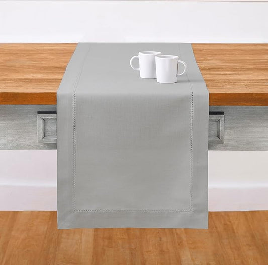 Solino Home Light Grey Table Runner 60 Inches - Cotton Linen Hemstitch Coffee Table Runner 14 x 60 Inch Ideal for Dresser Tables - Summer, Fall, Autumn, Halloween
