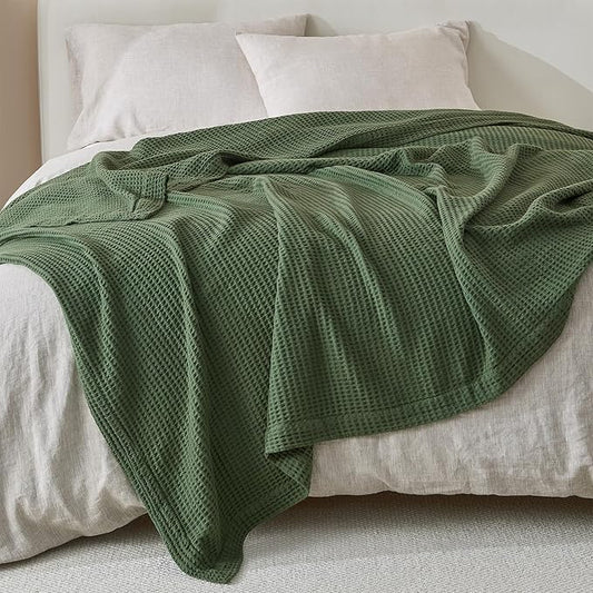 100% Cotton Blanket for Full Queen Size Bed - Dark Green Waffle Weave Lightweight Summer Bed Blanket - 90x90in Prewashed Breathable, Woven, Layering Blanket (Full/Queen, Forest Green)