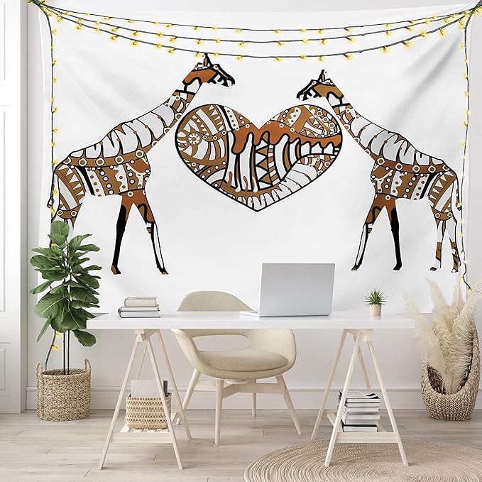 Ambesonne African Tapestry King Size, Soul Mate Giraffes Illustration with a Giant Heart Love in Nature Bohemian Print, Wall Hanging Bedspread Bed Cover Wall Decor, 104" X 88", Brown White