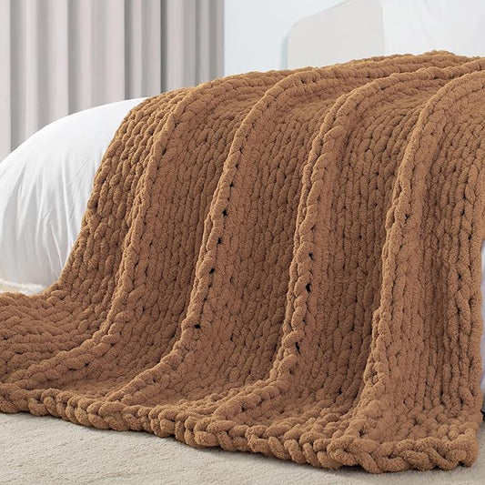 Carriediosa Chunky Knit Throw Blanket 60" X 80" Twin, 100% Hand Made Large Chenille Loop Yarn Soft Fluffy Throws for Couch Sofa Bed, Big Crochet Cozy Heavy Thick Cable Woven Blanket, Light Brown