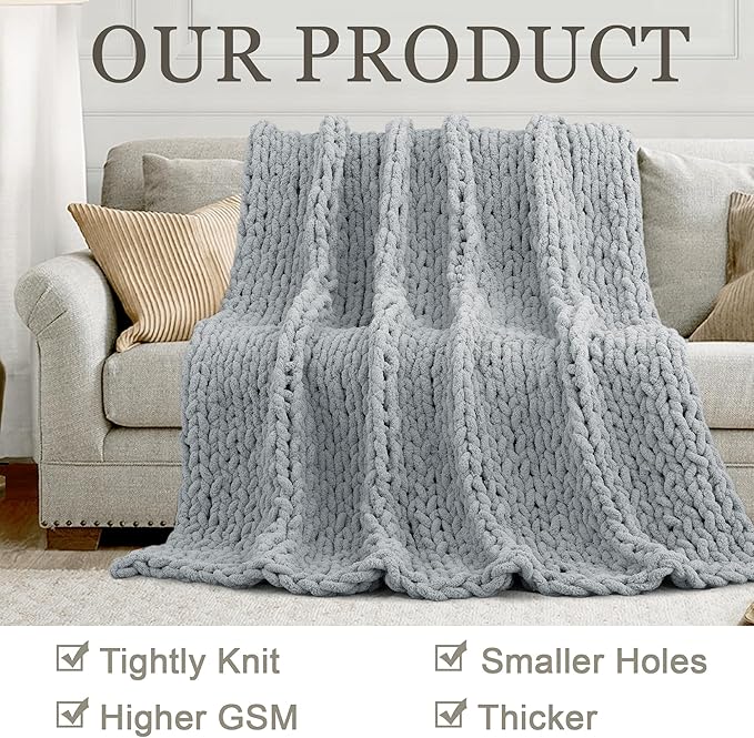 Chunky Knit Throw Blanket 60"X 80", 100% Handmade with Soft Chenille Yarn, 4.4lbs Thick Cable Knitted Blankets, Large Rope Knot Crochet Throws for Couch Sofa Bed Home Decor, Light Grey