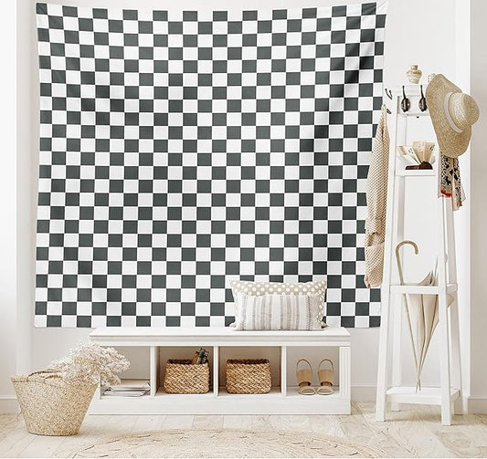 Ambesonne Checkered Tapestry, Monochrome Composition Classical Chessboard Inspired Abstract Tile Print, Wide Wall Hanging for Bedroom Living Room Dorm, 80" X 60", Grey White