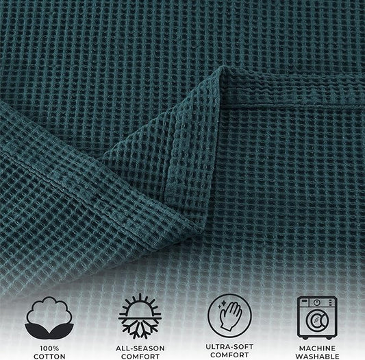 100% Cotton Queen Size Blue Waffle Weave Summer Blanket - 90x90in Prewashed Breathable, Woven, Layering Blanket (Peacock)