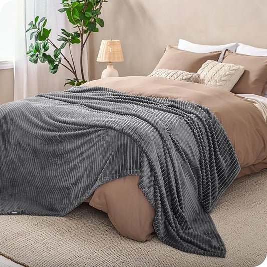 Bare Home Textured Fleece Microplush Blanket - Extra Long - Lightweight Throw for Bed, Sofa, Couch, Movie Night, Camping, and Travel - Ultra Soft Warm Blanket (Twin/Twin XL, Ribbed Grey)