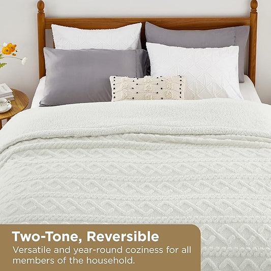 Bedsure Sherpa King Size Blanket for Bed- Fleece Soft Cozy Fuzzy Cable Blankets for Women, Thick Warm for Winter and All Seasons, Cream, 108x90 Inches