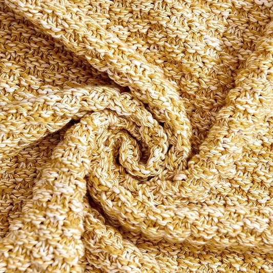 Longhui bedding Gold Knitted Throw Blanket for Couch, Soft, Cozy Machine Washable 100% Cotton Sofa Blanket, 60”x80”, Mustard Yellow and White, Laundry Bag Included