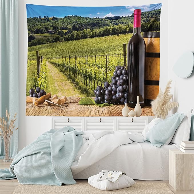 Ambesonne Winery Tapestry King Size, Red Wine Bottles with Grapes on Timber Board Tuscany Italian Terrace Scenery, Wall Hanging Bedspread Bed Cover Wall Decor, 104" X 88", Green Blue Brown