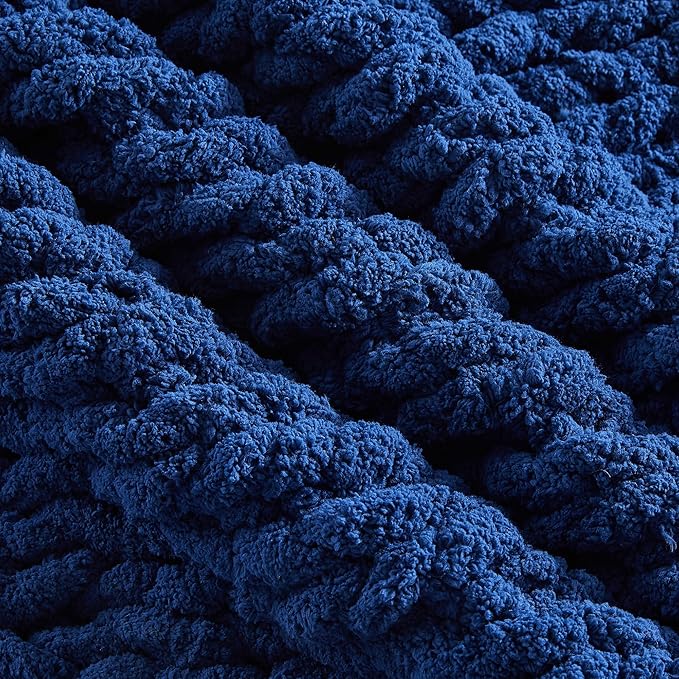 Carriediosa Chunky Knit Throw Blanket 60" X 80" Twin, 100% Hand Made Large Chenille Loop Yarn Soft Fluffy Throws for Couch Sofa Bed, Big Crochet Cozy Heavy Thick Cable Woven Blankets, Navy Blue