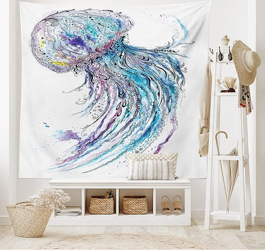 Ambesonne Jellyfish Tapestry, Aqua Colors Art Ocean Animal Print Sketch Style Creative Sea Marine Theme, Wide Wall Hanging for Bedroom Living Room Dorm, 80" X 60", Blue Purple White