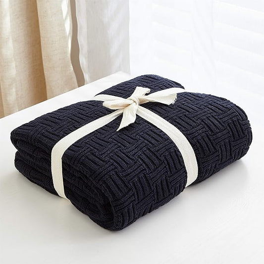 Longhui bedding Cotton Navy Cable Knit Throw Blanket for Couch Chairs Bed Beach, Home Decorative Grey Knitted Blanket, 50 x 60 Inch with a Washing Bag,Silk Bow Tie Package