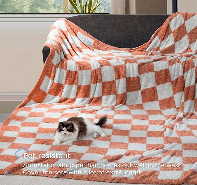 Oversized King Checkered Blanket for Couch - Super Soft Extra Large Fall Throw Blankets for Bed， Fluffy Fuzzy Plush Lightweight Cozy Blanket，120" x 120", Burnt Orange