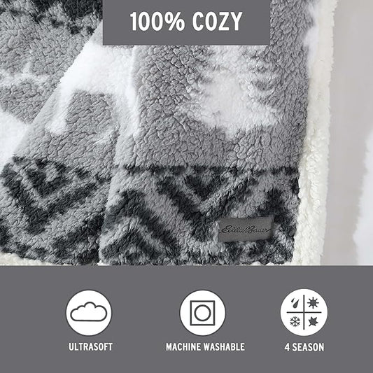 Eddie Bauer - Blanket, Super Soft Reversible Sherpa & Brushed Fleece Bedding, Throw Blankets for Couch, Ideal for Lounging (Woodland Fair Isle Grey)