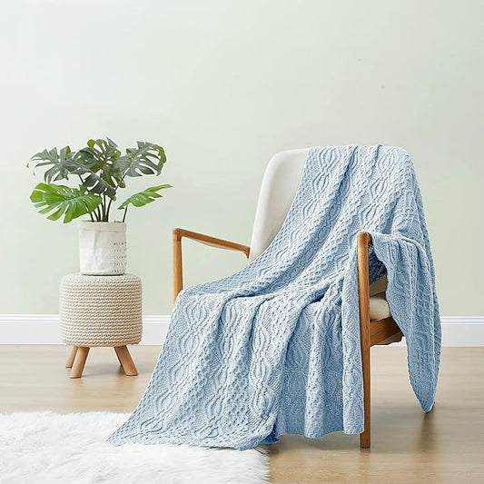 Aormenzy Light Blue Cable Knit Throw Blanket, Soft & Warm Oversized Knitted Blanket for Couch Bed Sofa Living Room, 60 x 80 inch