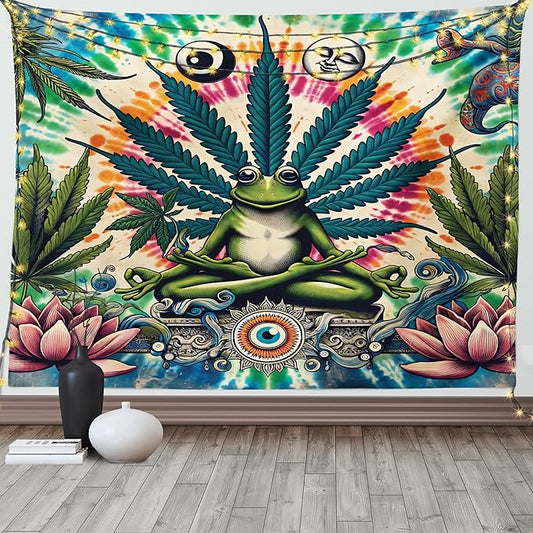 Ambesonne Trippy Tapestry, Jumble Composition of Frog Featuring Tie Dye Effect Esoteric Floral Eyes, Wide Wall Hanging for Bedroom Living Room Dorm, 80" X 60", Multicolor Fern Green