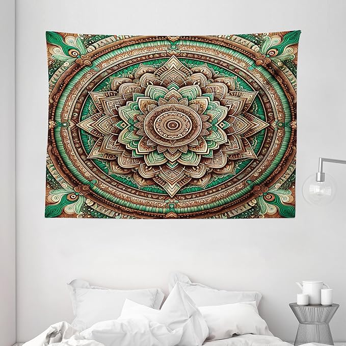 Ambesonne Green Tapestry, Psychedelic Style Symmetrical Ethnic Design Bicolor Folk Mandala Illustration, Wide Wall Hanging for Bedroom Living Room Dorm, 80" X 60", Chestnut Brown