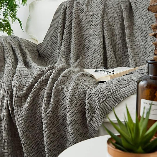 Longhui bedding Cotton Gray Cable Knit Throw Blanket for Couch Chairs Bed Beach, Home Decorative Grey Knitted Blanket, 50 x 60 Inch with a Washing Bag,Silk Bow Tie Package