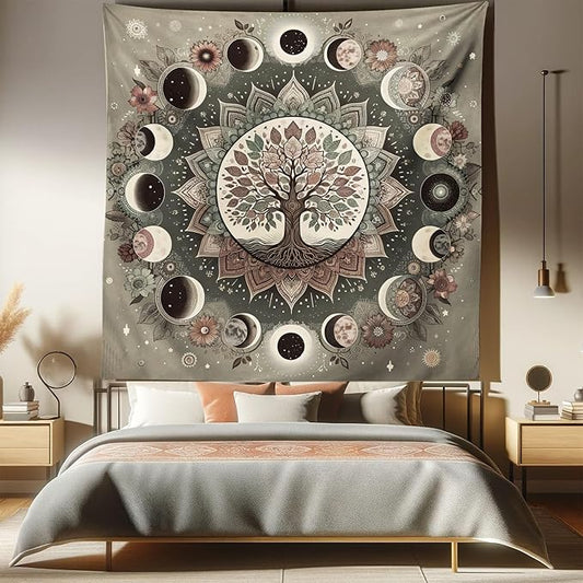 Ambesonne Moon Tapestry Queen Size, Cosmic Boho Themed Lunar Circle with Tree of Life Leafy Mandala Details, Wall Hanging Bedspread Bed Cover Wall Decor, 88" X 88", Sage Green Pale Chocolate