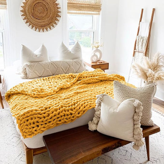 Adyrescia Chunky Knit Blanket Throw | 100% Hand Knit with Jumbo Chenille Yarn (60"x80", Harvest Yellow)