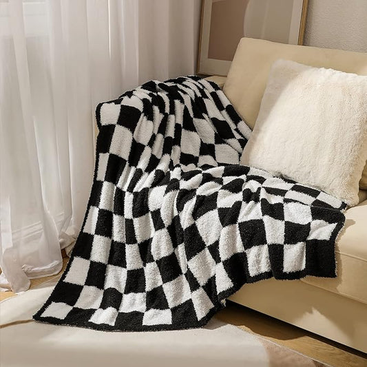 Super Soft Luxurious Warm Checkered Throw Blanket - Reversible for Couch, Bed, Sofa - 50x60 Inches - Black and White Pattern