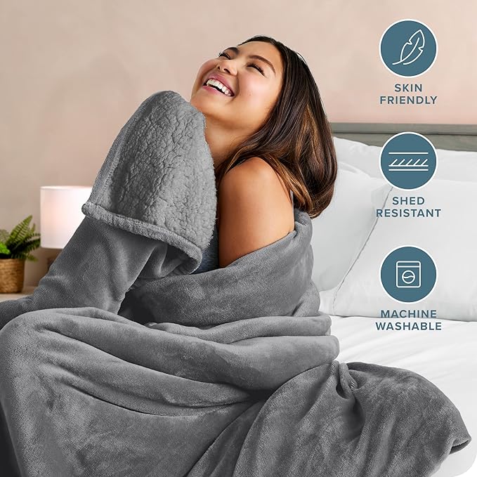 Bare Home Sherpa Fleece Blanket - King Size - Blanket for Bed, Sofa, and Couch - Warm & Lightweight - Fluffy & Soft - Reversible (King, Grey with Grey Sherpa)