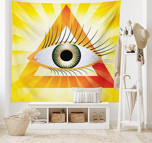 Ambesonne Eye Tapestry, Powerful Sight of All Seeing Eye Displayed in a Triangle with Yellow Sun Rays, Wall Hanging for Bedroom Living Room Dorm, 80" X 60", Yellow Orange Green