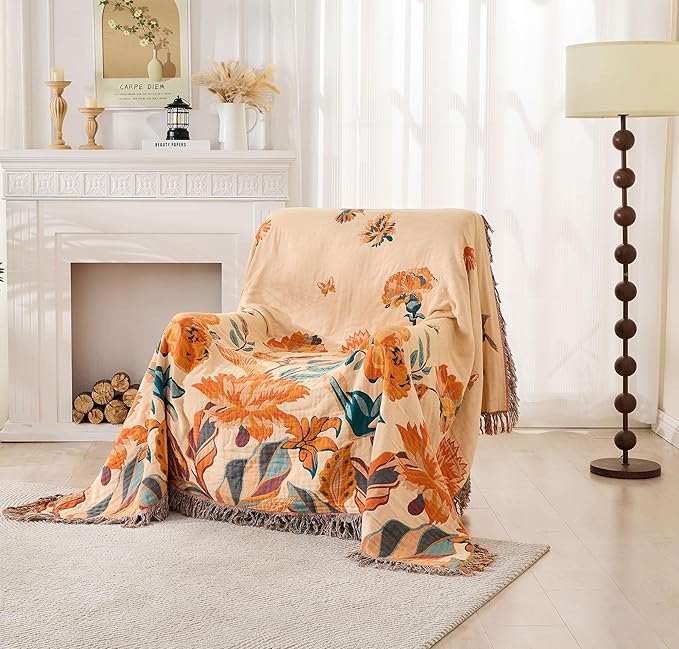 Fall Boho Throw Blanket for Couch Sofa 90"x98",100% Cotton Muslin Throw Blanket for Bed,Ultra Soft 4-Layers Woven Blanket with Floral Printed for All Season,Farmhouse Throws Bed Chair Cover