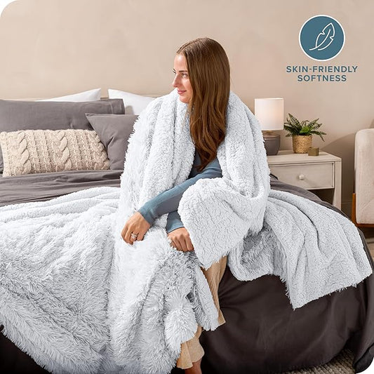 Bare Home Shaggy Faux Fur Sherpa Blanket - Super Soft, Fuzzy, Fluffy - Reversible Cozy Warm Blanket for Couch, Sofa, Chair, Bed - Luxury Home Decor (Throw/Travel, White)