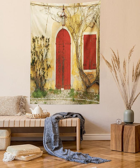 Ambesonne Shutters Tapestry Twin Size, Doorway with Blinded Door and Window to the Rural Tuscan House Italy Art, Wall Hanging Bedspread Bed Cover Wall Decor, 68" X 88", Yellow Beige Red