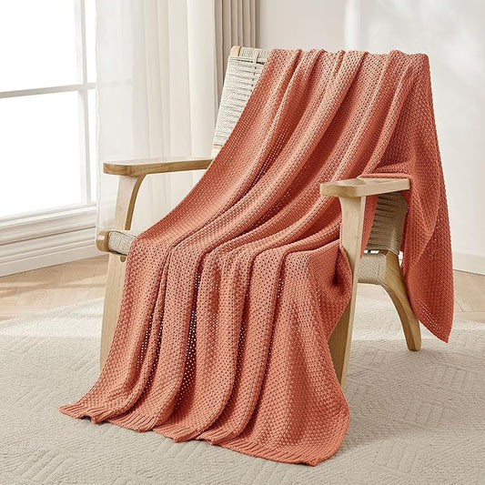 Joydeco Chunky Cable Knit Throw Blanket, Lightweight 100% Cotton Soft Cozy Throw Twin Blanket for Couch Bed and Sofa, Rustic Breathable Farmhouse Blanket Gift for Women Men(Burnt Orange, 60"x80")