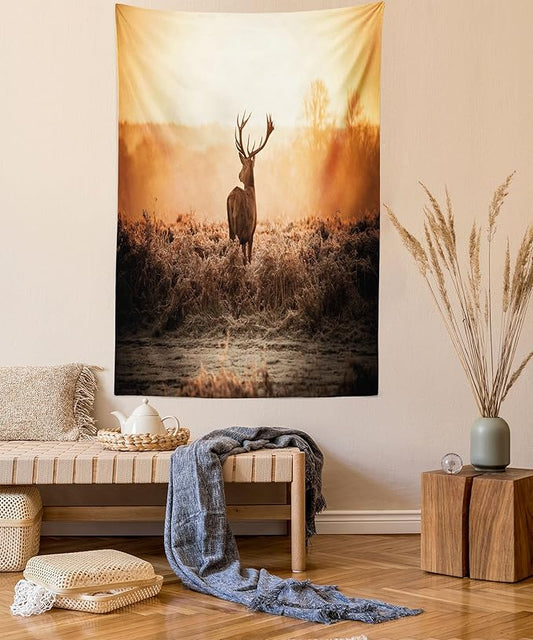 Ambesonne Hunting Tapestry, Red Deer in the Morning Sun Wilderness Nature Scenery Countryside Rural Heathers, Wall Hanging for Bedroom Living Room Dorm Decor, 40" X 60", Brown Orange