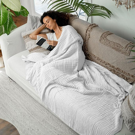 Comfy Cubs Muslin Throw Blanket - 50” x 60” Quilted Design - Lightweight, Breathable 6-Layer Gauze Fabric - Soft Cotton Blanket for Home or Travel - Packaged in Elegant Gift Box - White