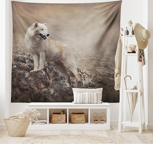 Ambesonne Animal Tapestry Queen Size, White Wolf on Rocks at The Night Misty Weather Wildlife Nature Scenery Print, Wall Hanging Bedspread Bed Cover Wall Decor, Queen Size, Warm Taupe