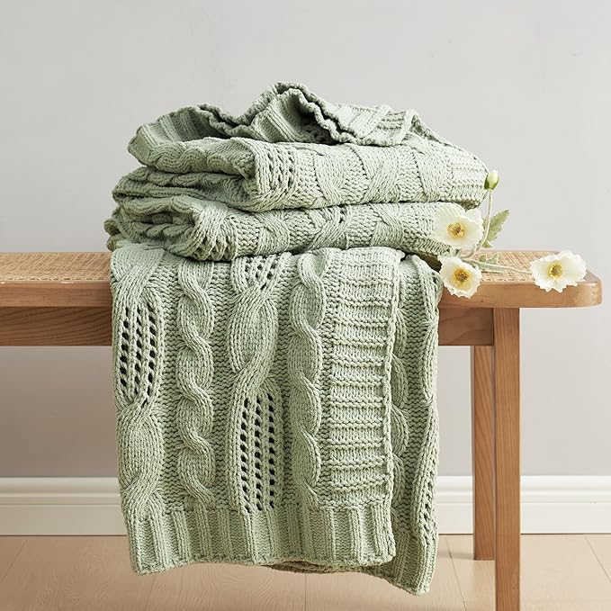Amélie Home Chunky Knit Chenille Throw Blanket, Breathable Cable Knitted Blanket for Couch, Farmhouse Decorative Throw for Sofa Chair Bed, 60"x80", Sage Green