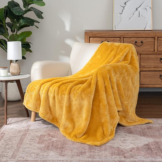 Berkshire Blanket Classic Extra-Fluffy™ Plush Throw Blanket, Soft Fuzzy Fluffy Long Hair Throw Blanket for Couch Sofa Bed, Ochre, 50x60 Inches