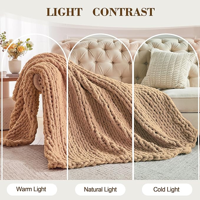 Carriediosa Chunky Knit Throw Blanket 60" X 80" Twin, 100% Hand Made Large Chenille Loop Yarn Soft Fluffy Throws for Couch Sofa Bed, Big Crochet Cozy Heavy Thick Cable Woven Blankets, Tan Brown