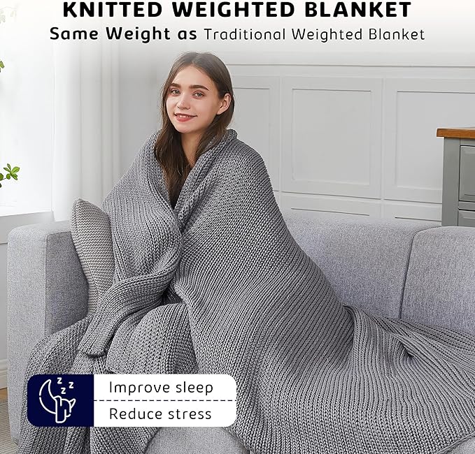 L'AGRATY Knitted Weighted Blanket - 60"x80" 15lbs Cooling Chunky Knit Heavy Blanket for Adults Braided Crochet Throw Thick Cable Yarn Knit Decorative No Beads Evenly Weighted Machine Washable