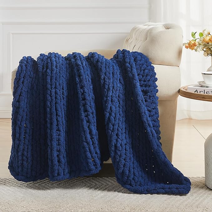 Carriediosa Chunky Knit Throw Blanket 60" X 80" Twin, 100% Hand Made Large Chenille Loop Yarn Soft Fluffy Throws for Couch Sofa Bed, Big Crochet Cozy Heavy Thick Cable Woven Blankets, Navy Blue