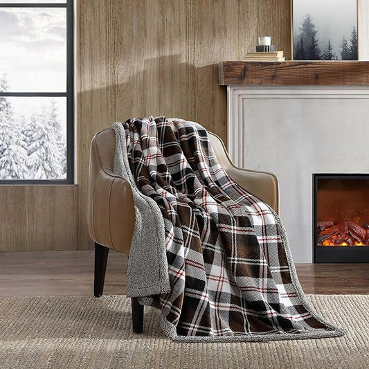 Eddie Bauer - Throw Blanket, Reversible Sherpa Plush Bedding, Plaid Home Decor, Oeko-Tex Certified (Trailhead Plaid Brown, Throw)
