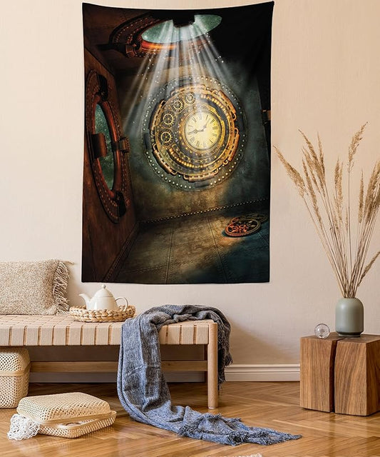 Ambesonne Fantasy Tapestry, Fantasy Scenery with Clock Dream Sky Rays from the Ceiling Fictional Art, Fabric Wall Hanging Decor for Bedroom Living Room Dorm, 30" X 45", Teal Brown