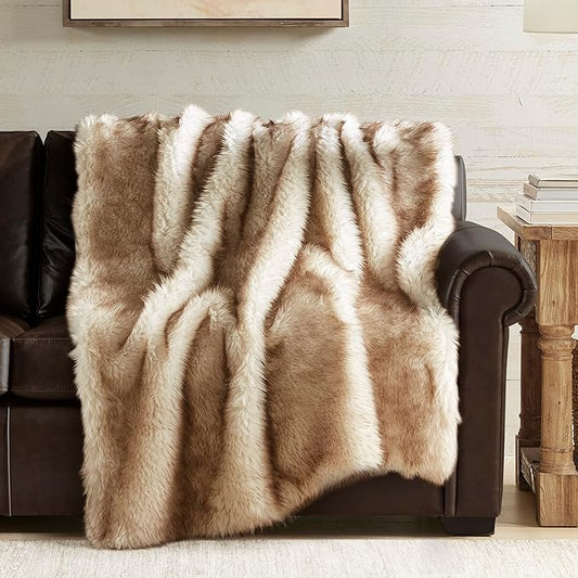 Hyde Lane Faux Fur Throw Blanket - Ultra Long Pile, Luxury Fluffy Fox Golden with Brown Tipped Throws for Couch Sofa Decoration, Fuzzy Plush Blankets for Women, 50x60