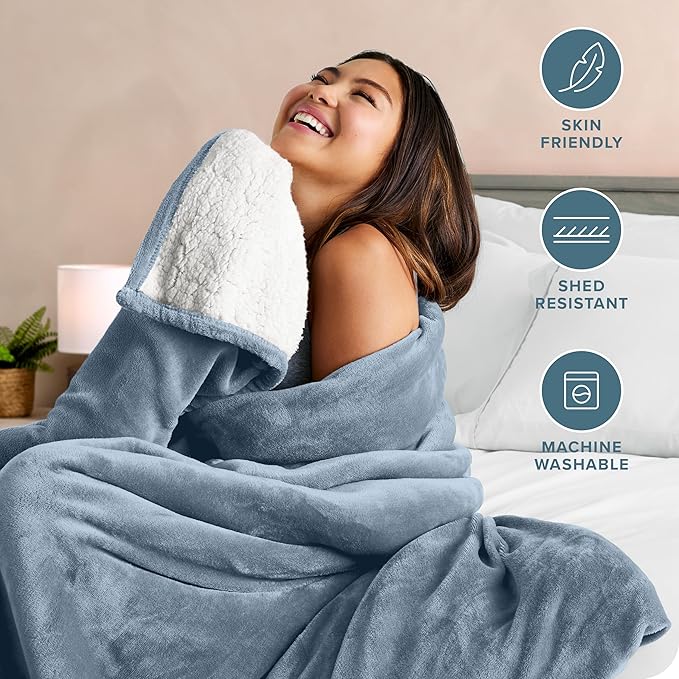 Bare Home Sherpa Fleece Blanket - Full/Queen Size - Blanket for Bed, Sofa, and Couch - Warm & Lightweight - Fluffy & Soft - Reversible (Full/Queen, Dusty Blue)