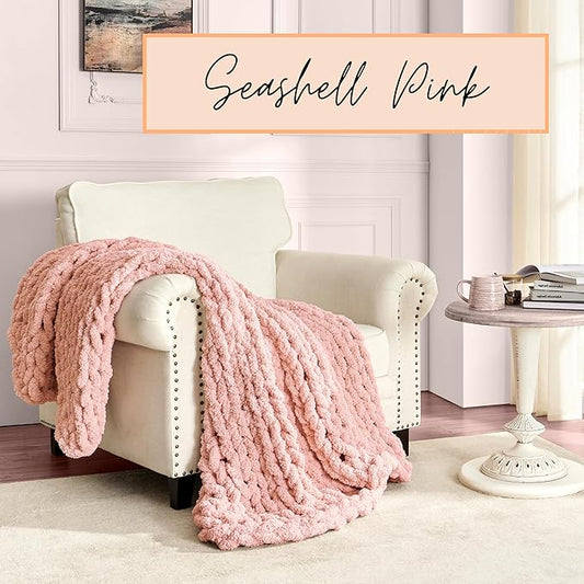 Adyrescia Chunky Knit Blanket Throw | 100% Hand Knit with Jumbo Chenille Yarn (50"x60", Seashell Pink)