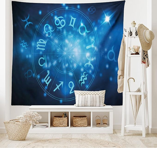 Ambesonne Astrology Tapestry King Size, Abstract Horoscope Wheel with Signs Aquarius Lion Taurus Libra, Wall Hanging Bedspread Bed Cover Wall Decor, King Size, Navy Blue Sky Blue