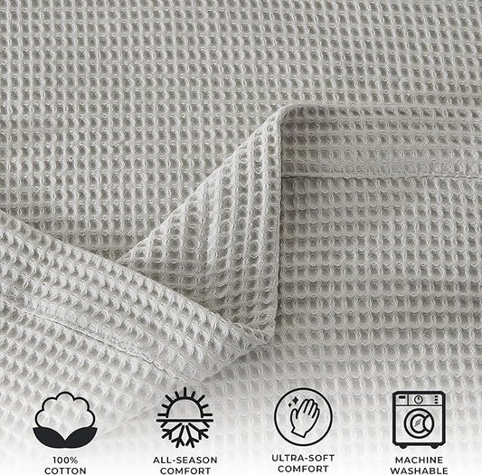 100% Cotton Waffle Weave Throw Blanket - Light Grey Waffle Weave Lightweight Summer Throw Blanket - 50x60in Prewashed Breathable, Woven Throw for Couch, Bed or Office (Light Grey)