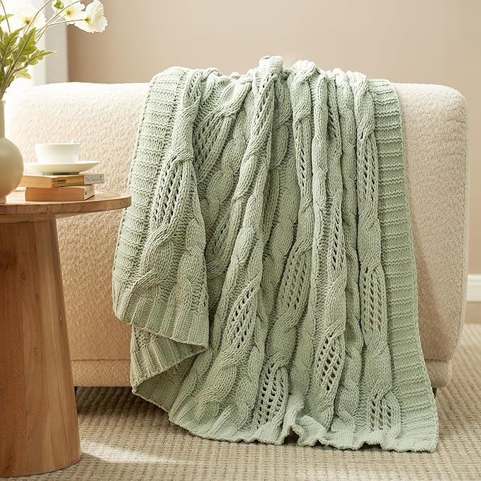 Amélie Home Chunky Knit Chenille Throw Blanket, Breathable Cable Knitted Blanket for Couch, Farmhouse Decorative Throw for Sofa Chair Bed, 60"x80", Sage Green