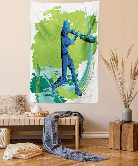 Ambesonne Sports Tapestry Queen Size, Cricket Player Pitching Win Game Champion Team Paintbrush Effect, Wall Hanging Bedspread Bed Cover Wall Decor, 88" X 88", Blue Turquoise