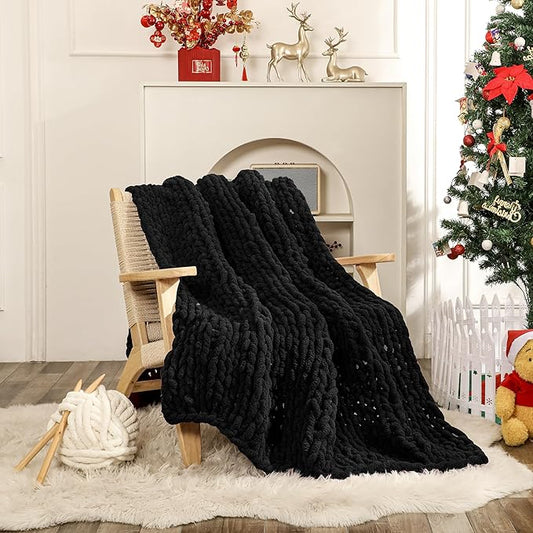 WESHIONGOO Chunky Knit Blanket Throw 50"×60" Knitted Throw Blankets for Couch Bed Fluffy Soft Blanket with Jumbo Chenille Yarn Thick 100% Handmade (Black)