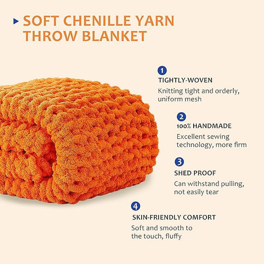 L'AGRATY Chunky Knit Blanket Throw: 30''x40'' Chenille Thick Knitted Throw for Bed & Couch - Handmade Large Crochet Rope Blanket - Orange